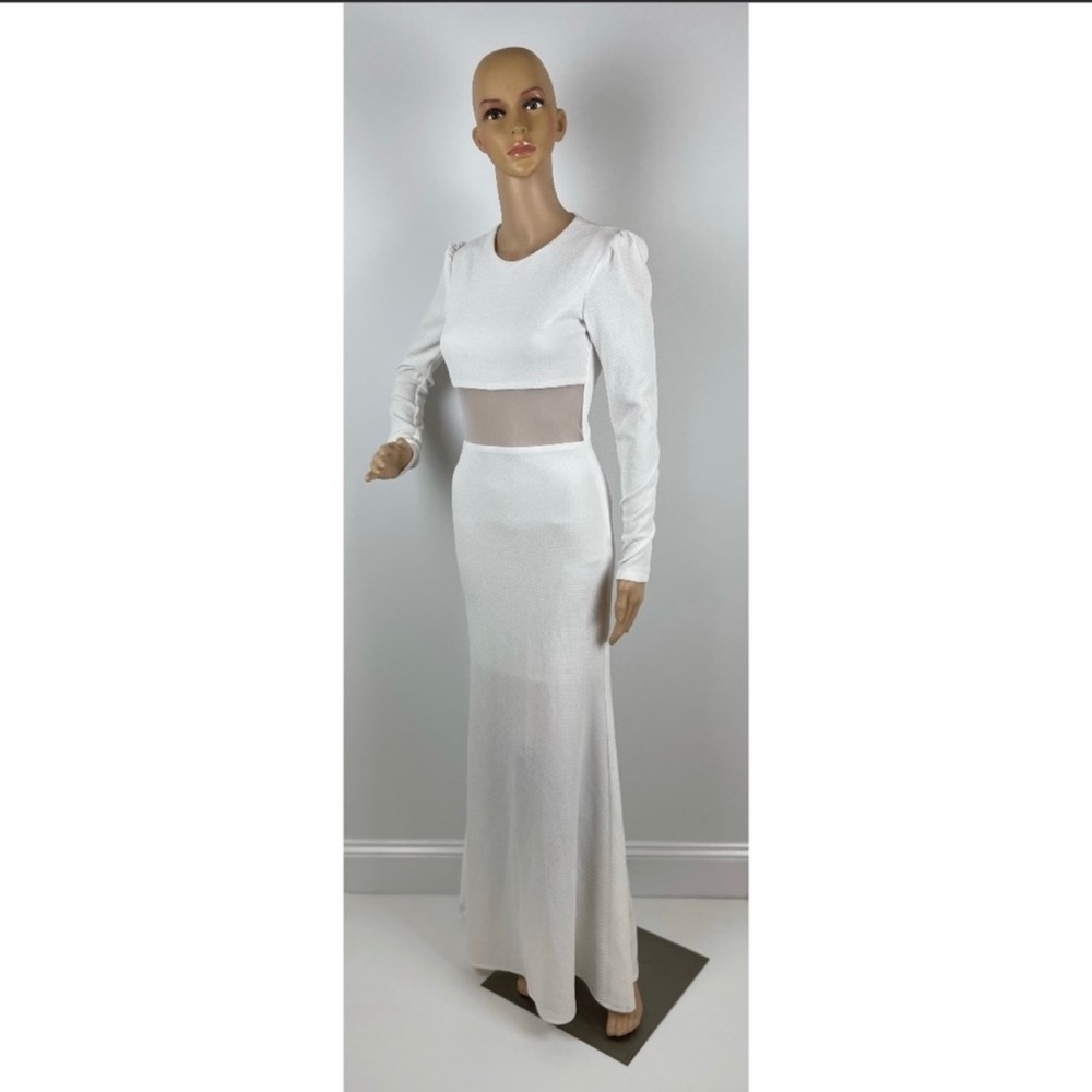 Long Sleeve Mesh  Cutout Women’s White Maxi Dress